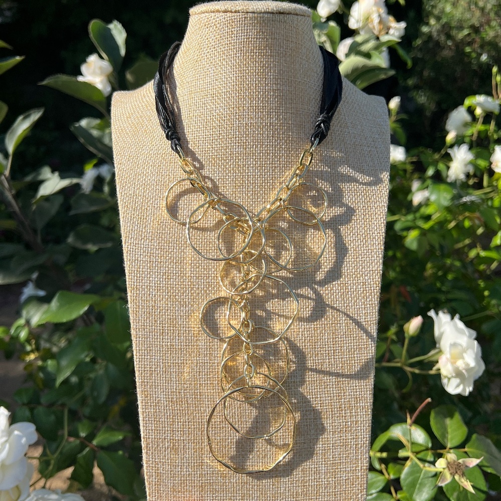 Hammered Gold Chain Link Circles Leather & Ribbon Mod Statement Bib Necklace